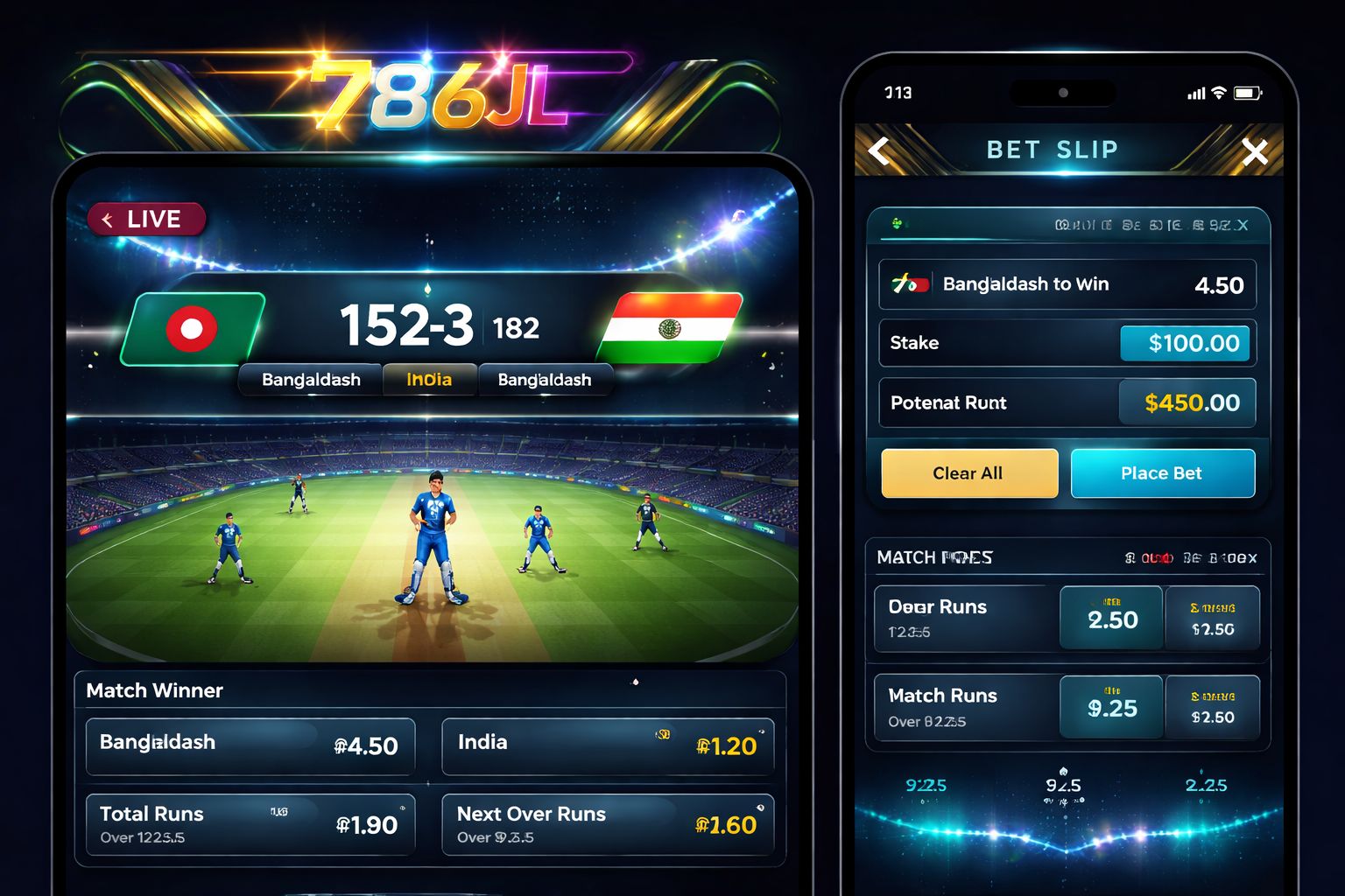 786JL sports betting platform — live cricket odds displayed on mobile screen