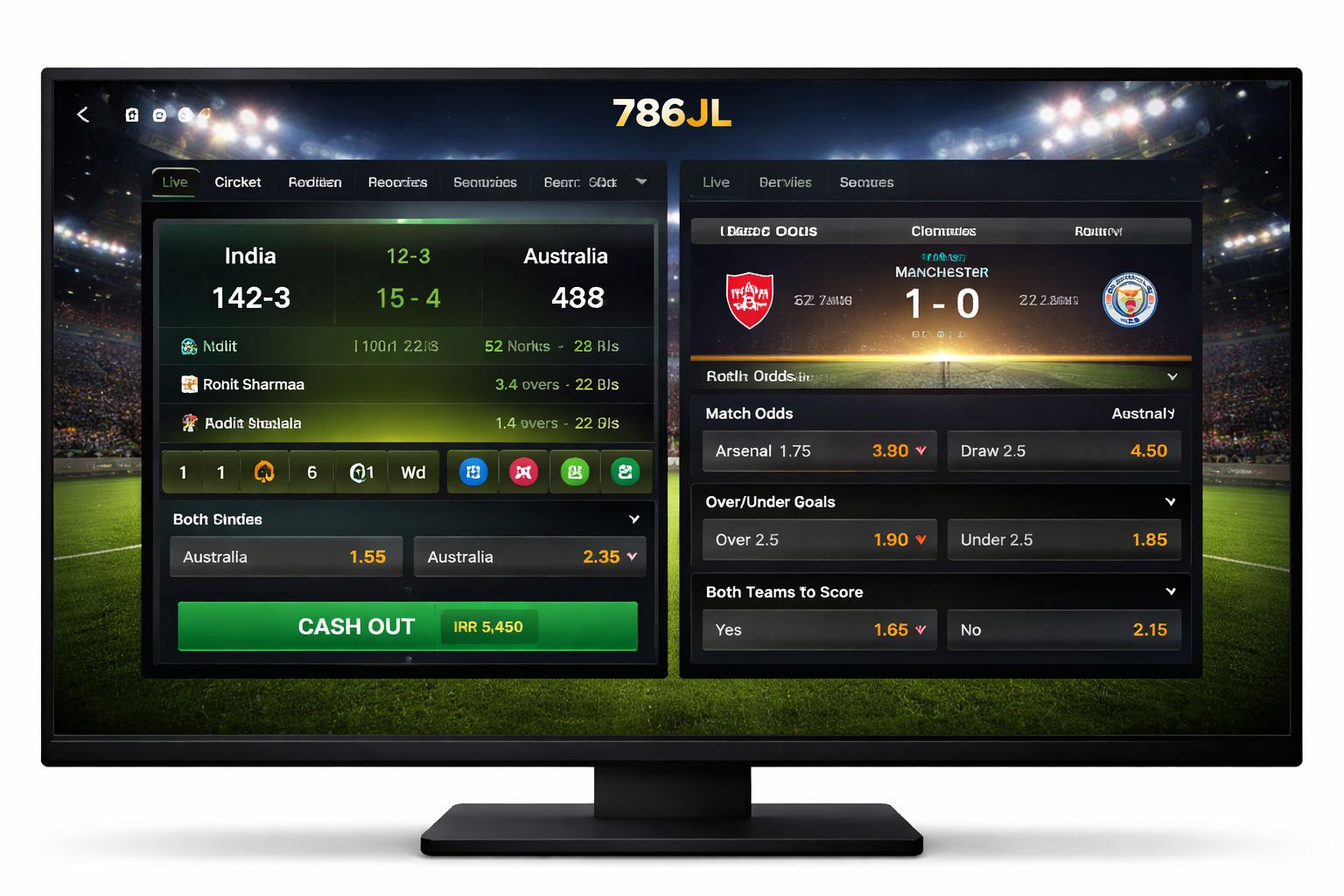 786JL live betting console with cricket in-play scoreboard and football odds side by side