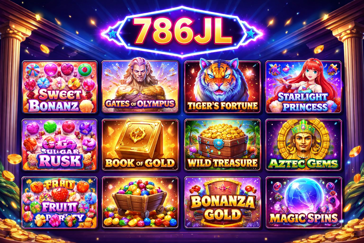 786JL slot lobby featuring Sweet Bonanza, Megaways and jackpot titles