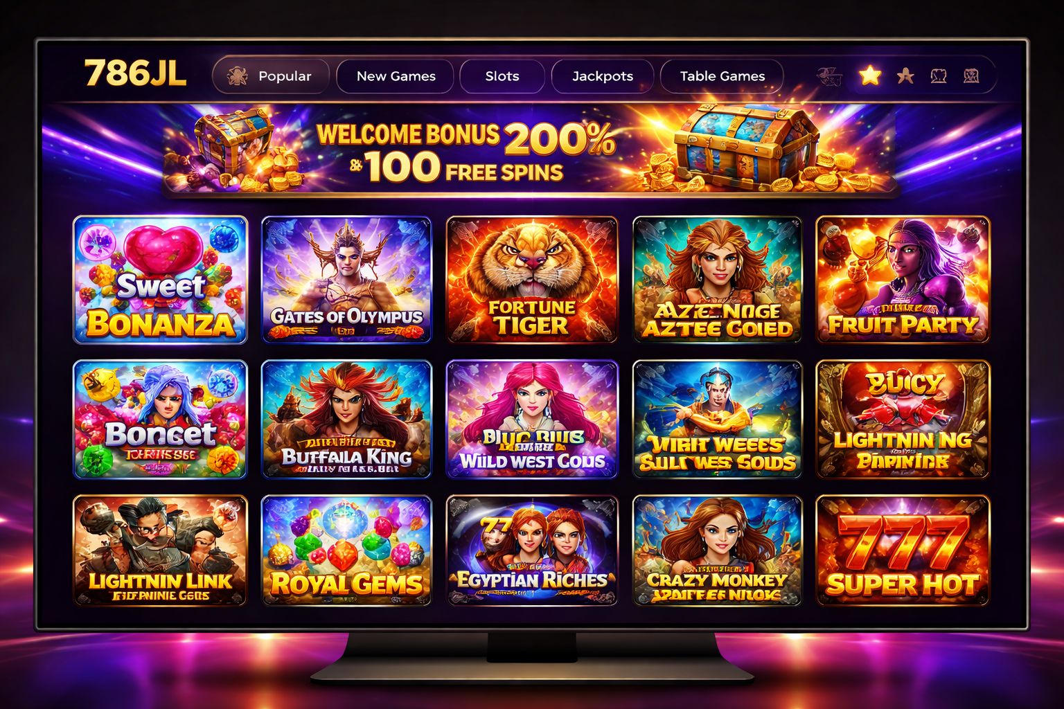 786JL slot game library grid with popular titles and neon accents